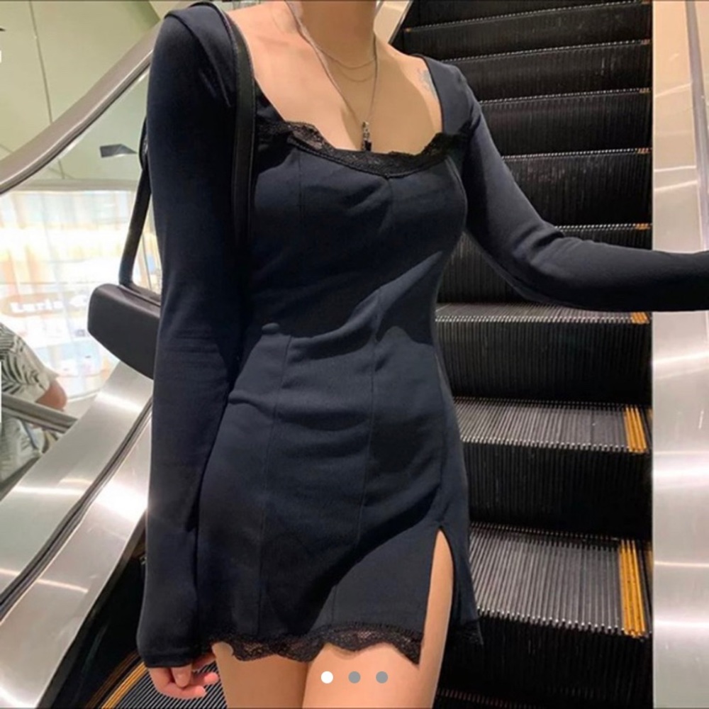 Black lace slit mini dress